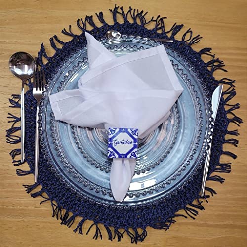 Charlo's Set of 4 Blue Navy Folk Sustainable Rustic Chic Round Placemats 16" x 16"-3