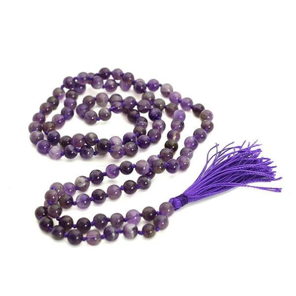 Natural Amethyst Mala Prayer 108 Beads Japa Mala Tassel Necklace-0